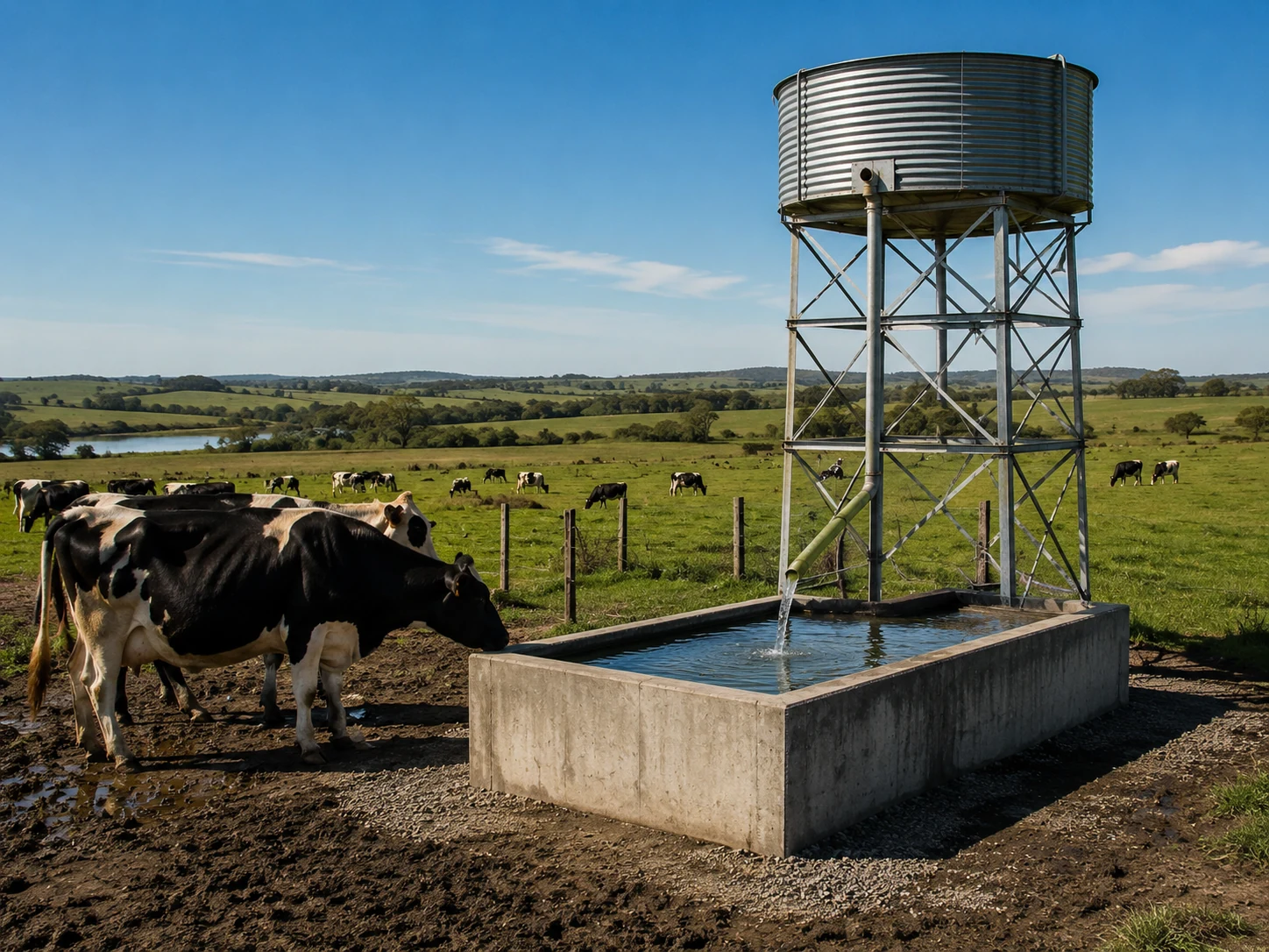 Sistema de agua rural con tanque, bebedero y ganado